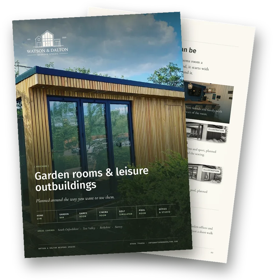 The cover and an inside page of our garden rooms and leisure outbuildings brochure