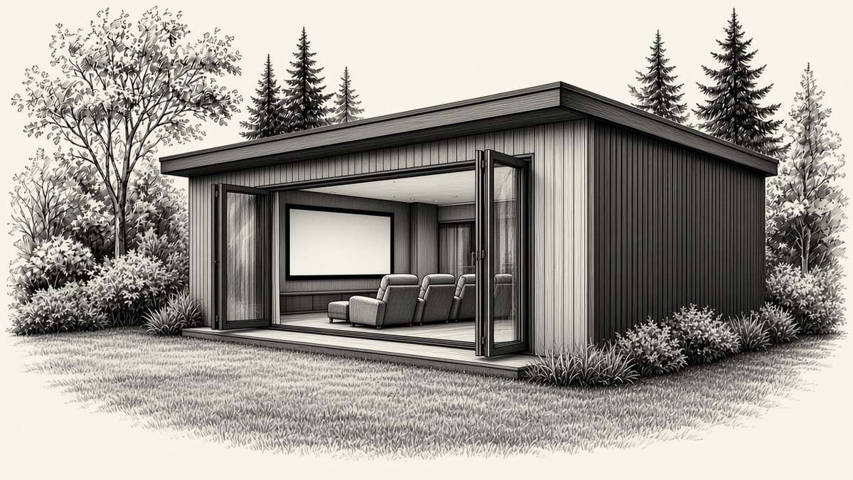 Illustrative drawing of a garden cinema room, not a past project