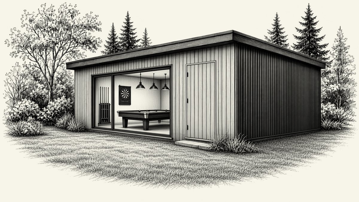 Illustrative drawing of a garden games room with a pool table, not a past project