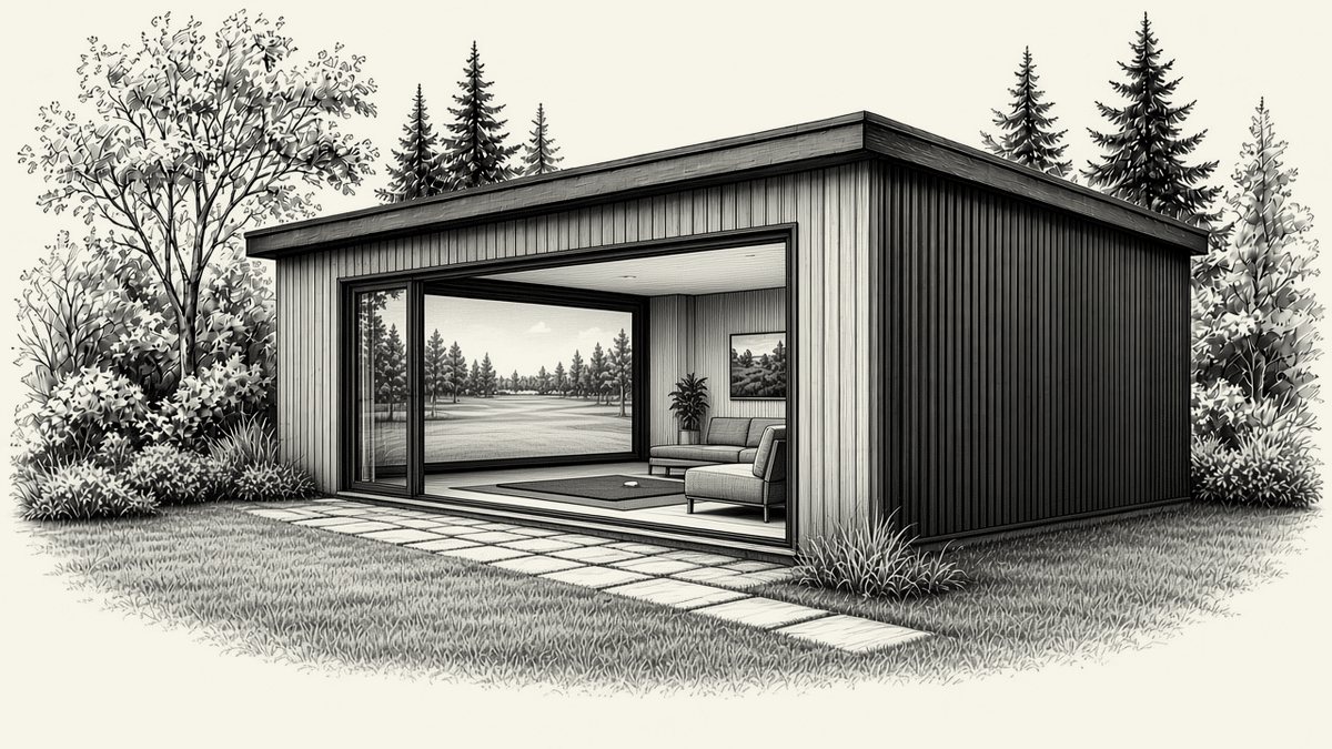 Illustrative drawing of a garden golf simulator room, not a past project