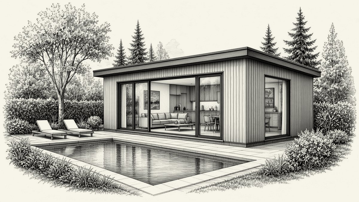 Illustrative drawing of a pool house beside a pool, not a past project