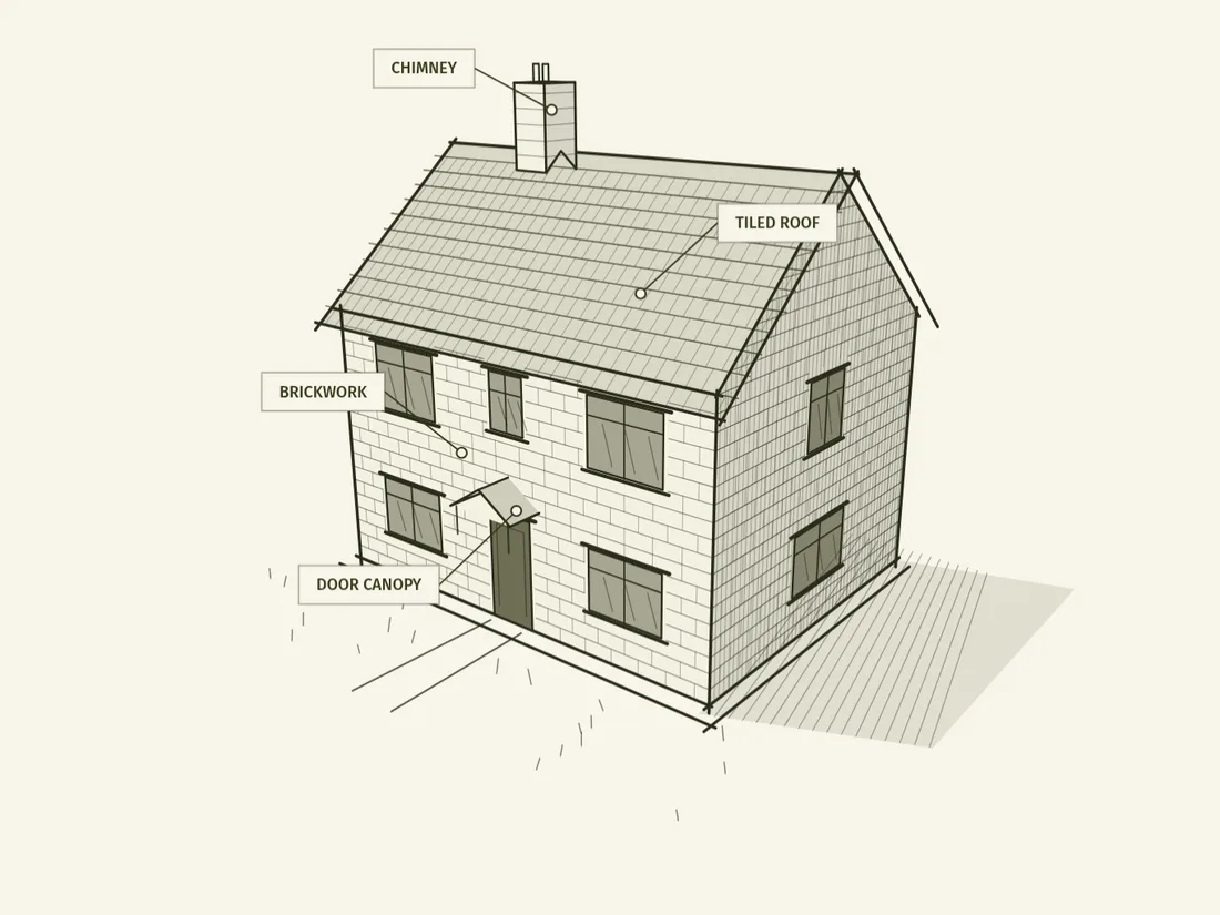 Illustration: pen-and-ink drawing of a finished two-storey brick house